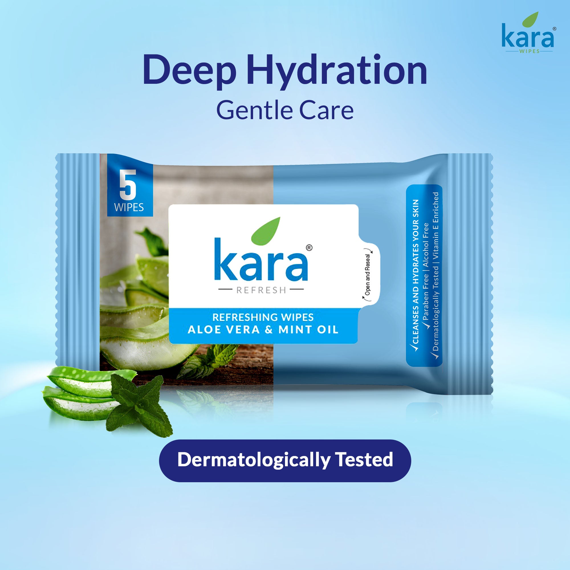 Kara Aloe Vera Mint Oil Facial Wet Wipes 5 Pulls Pack of 20 Big99