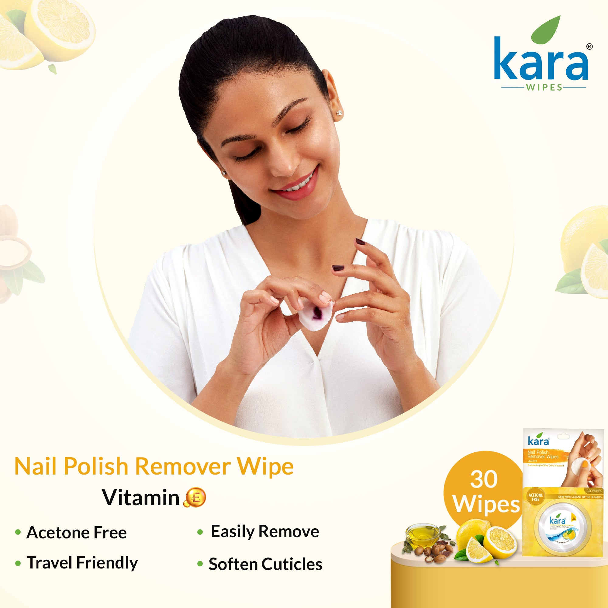 Nail Polish Remover Lemon Acetone Free Wipes 30 Pulls